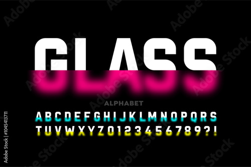 Glass. Blurry style font, typography design, alphabet letters and numbers vector illustration