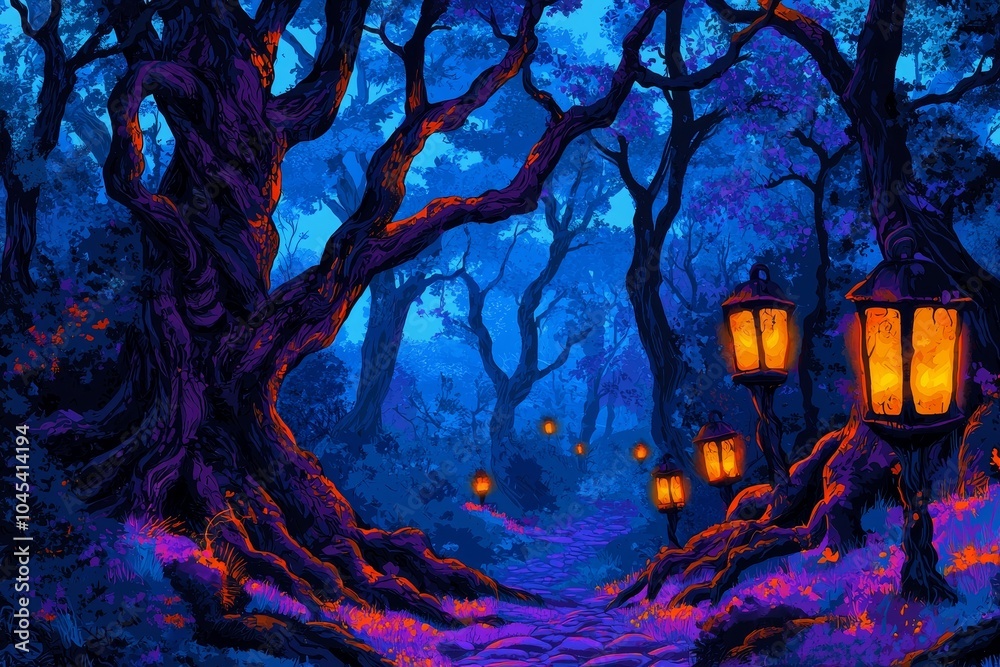 Fototapeta premium A mystical forest pathway illuminated by glowing lanterns amidst dark, twisted trees, creating an enchanting and serene atmosphere.