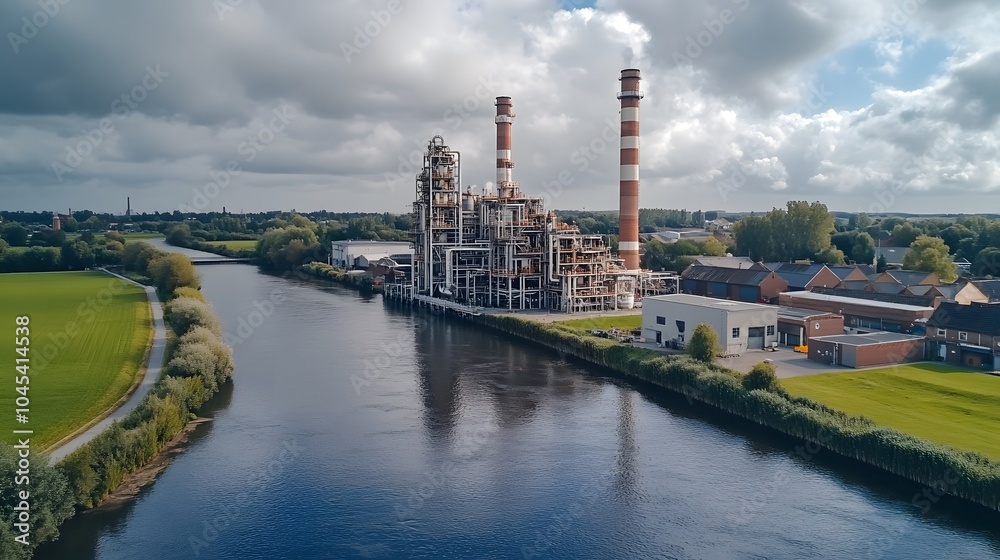 Obraz premium Carbon capture and bioenergy technologies merging in a clean industrial environment to fight climate change