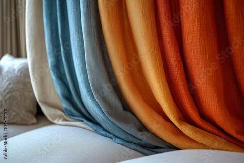 Close-up of Textured Curtains in Orange, Yellow, Blue, and Tan photo