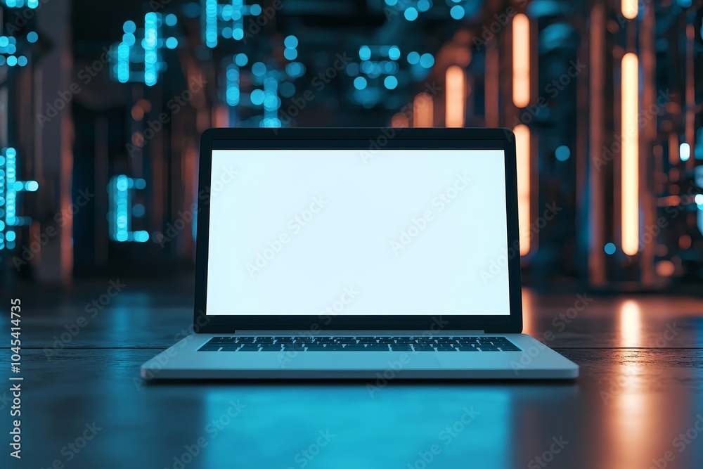 A sleek laptop with a blank screen sits in a modern, illuminated environment, highlighting technology's potential.