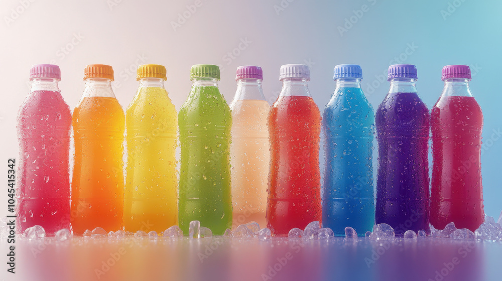 A colorful display of soda bottles, each filled with vibrant fizzy drinks, arranged in a row, showcasing a variety of flavors and hues. A colorful display of soda bottles, each filled with vibrant fizzy drinks, arranged in a row, showcasing a variety of flavors and hues.