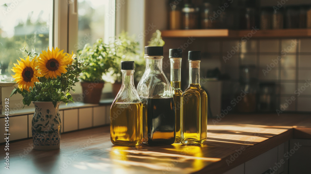 A serene kitchen scene featuring bottles of oil, sunflowers, and fresh herbs, illuminated by natural light streaming through a window. A serene kitchen scene featuring bottles of oil, sunflowers, and fresh herbs, illuminated by natural light streaming through a window.