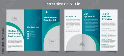 Trifold brochure template for medical care in blue gradient and green colors