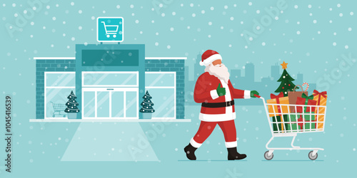 Cheerful Santa Claus pushing a shopping cart full of Christmas gifts