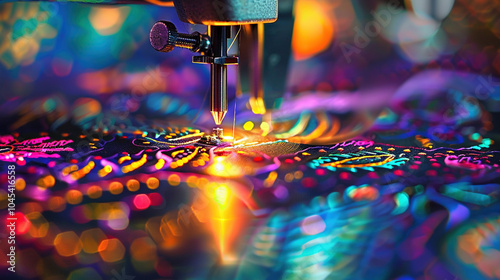 Value and uniqueness of manual labor. Close-up and cloth sewing machine with intricate stitching patterns, surrounded by tools and materials in a cozy craft home studio.  photo