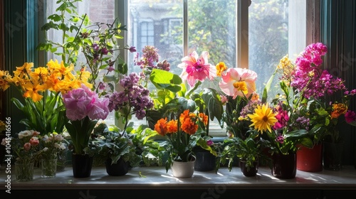 A windowsill filled with blooming flowers in various colors.