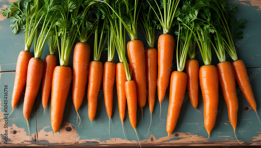 A bunch of fresh, vibrant orange carrots with their green tops still attached, placed on a rustic wooden table. A bunch of fresh, vibrant orange carrots with their green tops still attached, placed on a rustic wooden table.
