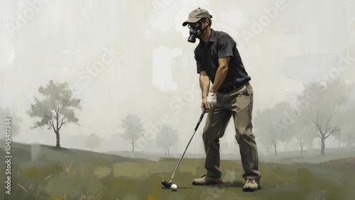 Golf player wearing gas mask compete on a course under heavy air pollution. The hazy, unbreathable atmosphere surrounds the field, emphasizing environmental health risks