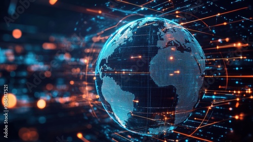 Virtual Globe Surrounded by Neon Rings and Lines
