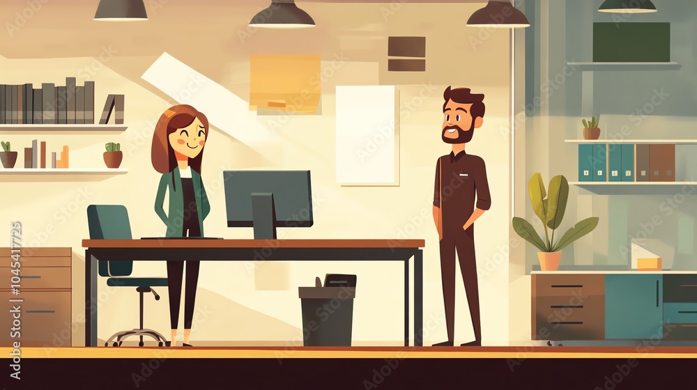 A vibrant office scene featuring a man and a woman engaged in conversation by a desk with a computer. A vibrant office scene featuring a man and a woman engaged in conversation by a desk with a computer.