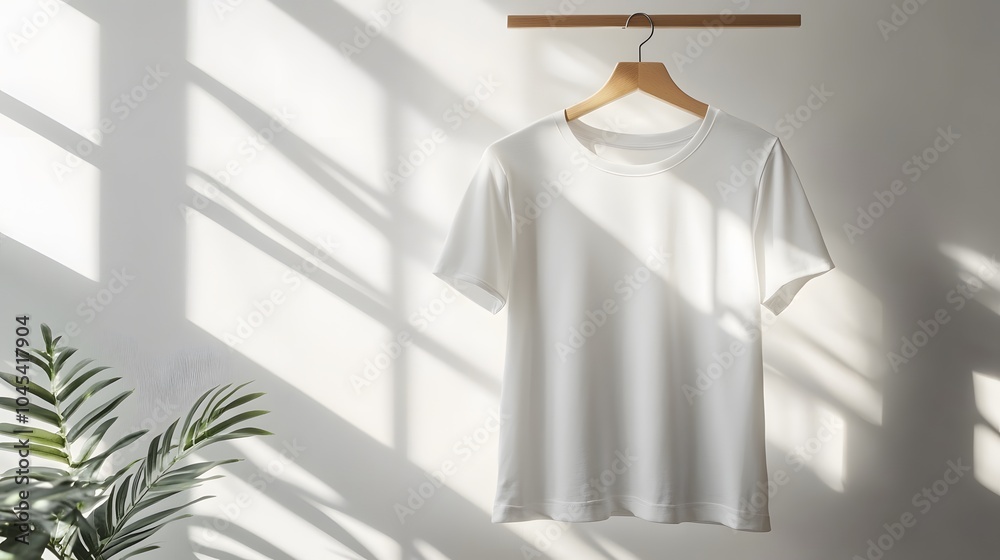 White T-shirt mockup on a minimalist wooden hanger, soft natural light filtering through a window, modern Scandinavian design, neutral tones, clean and elegant White T-shirt mockup on a minimalist wooden hanger, soft natural light filtering through a window, modern Scandinavian design, neutral tones, clean and elegant