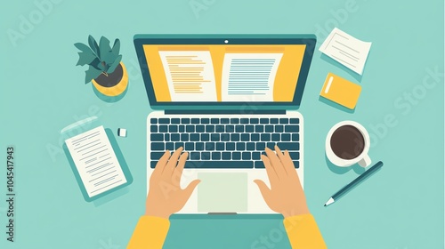 Aerial view of hands typing on a laptop with office supplies, coffee cup, and plant, on a turquoise background.