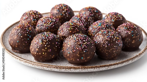 a plate adorned with brigadeiros brazilian chocolate truffles each one a glossy sphere rolled in colorful sprinkles isolated against a clean white backdrop radiating indulgence and festivity