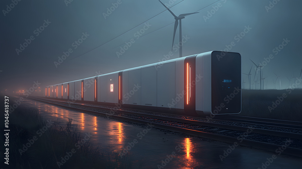 Obraz premium Advanced battery storage units integrated with wind farms and solar plants, storing renewable energy for stable grid performance