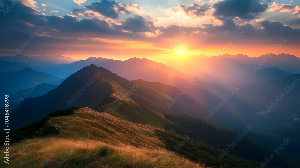 Fototapeta premium The sunset in the valley, wallpaper, a colorful natural phenomenon that is so beautiful