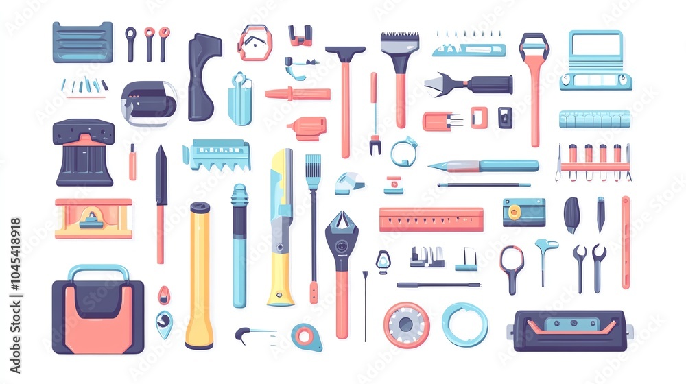 Colorful collection of various tools arranged on a white isolated background. Colorful collection of various tools arranged on a white isolated background.