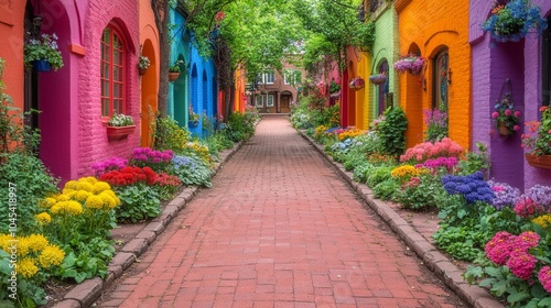 vibrant urban alleyway adorned with colorful murals and blooming flowers creates lively atmosphere. bright hues of buildings and lush greenery evoke sense of joy and creativity