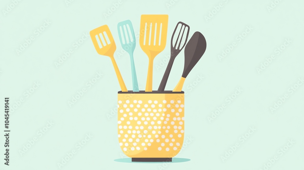 Colorful kitchen utensils in a jar on a soft pastel background. Colorful kitchen utensils in a jar on a soft pastel background.