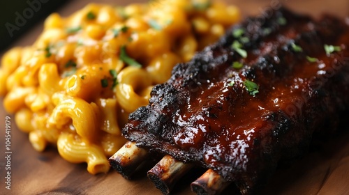Close-up of barbecue pork ribs with mac and cheese on a wooden cutting board.