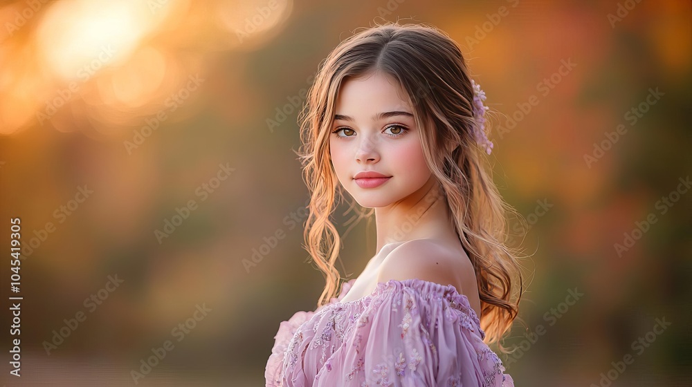 Young woman in a flowy dress standing in front of a soft Young woman in a flowy dress standing in front of a soft