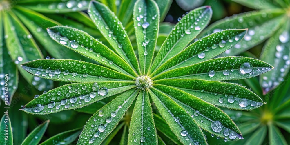 large green lupine lupinu polyphyllu leaf covered with dew drops aerial view