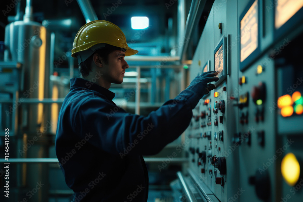 A technician in a hard hat operates machinery controls in a dimly lit industrial setting, showcasing concentration and skill in a technical environment. A technician in a hard hat operates machinery controls in a dimly lit industrial setting, showcasing concentration and skill in a technical environment.