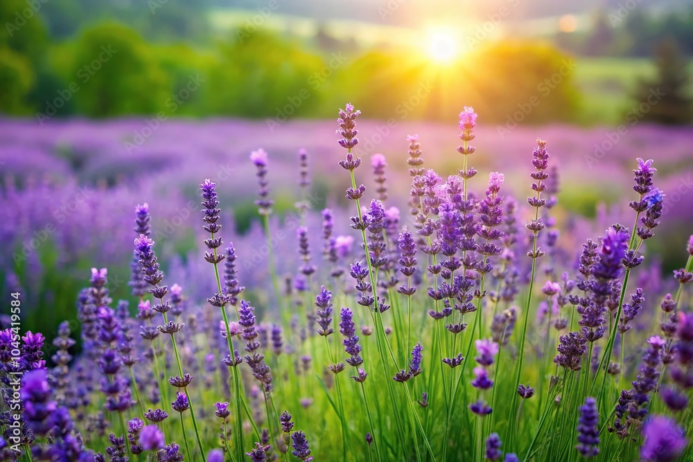 Naklejka premium Lavender plants in a lush green meadow surrounded by wildflowers, nature landscapes, meadow, garden