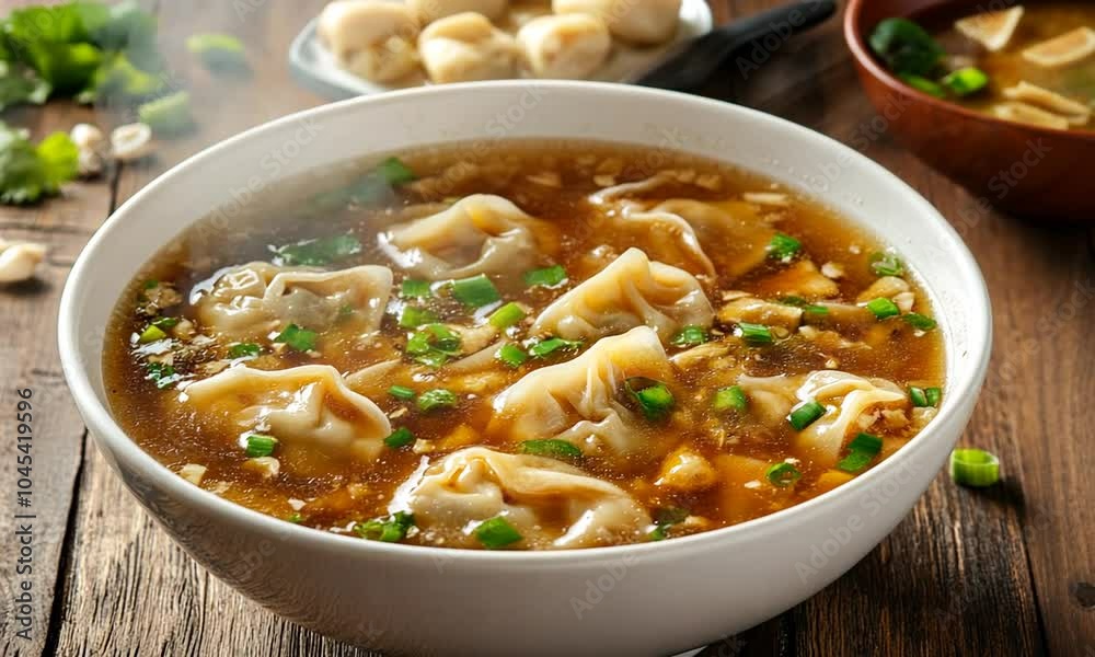 A bowl of dumpling soup garnished with green onions, showcasing a warm and comforting meal. A bowl of dumpling soup garnished with green onions, showcasing a warm and comforting meal.