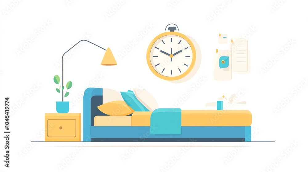 Cozy bedroom with a clock, soft pillows, lamp, and plant on a white background. Cozy bedroom with a clock, soft pillows, lamp, and plant on a white background.