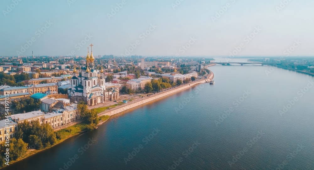 Volga River Aerial View of Rybinsk City Landscape with Cathedral and Bridge Volga River Aerial View of Rybinsk City Landscape with Cathedral and Bridge
