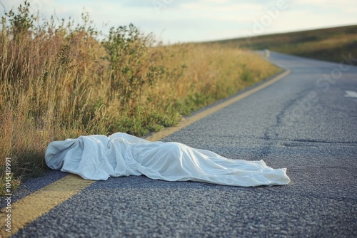 Body lying on a road covered with sheet after tragic accident