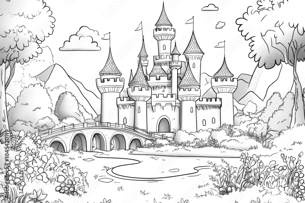 Majestic fairytale castle is standing on the shore of a lake with two bridges leading to it. Black and white children's coloring page Majestic fairytale castle is standing on the shore of a lake with two bridges leading to it. Black and white children's coloring page