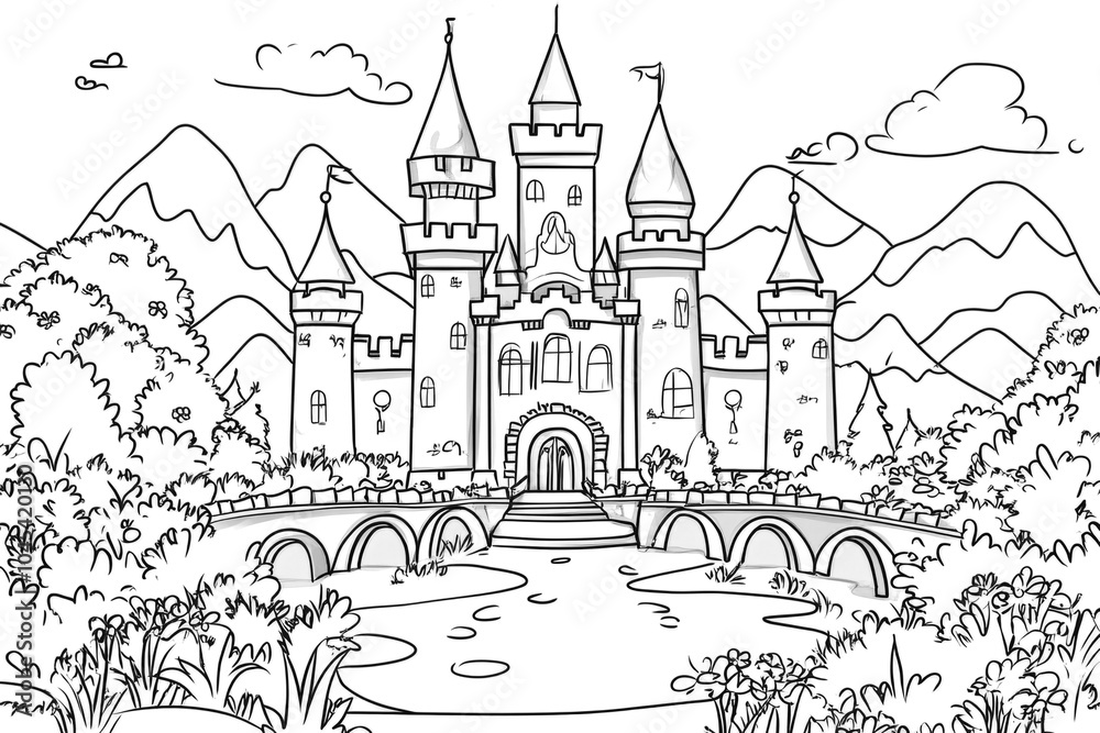 Majestic fairytale castle towering over a bridge and river in a mountain landscape coloring page Majestic fairytale castle towering over a bridge and river in a mountain landscape coloring page