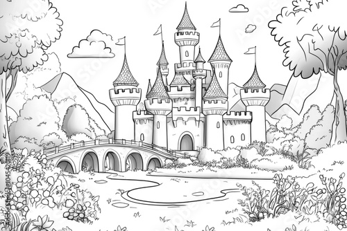 Majestic fairytale castle is standing on the shore of a lake with two bridges leading to it. Black and white children's coloring page