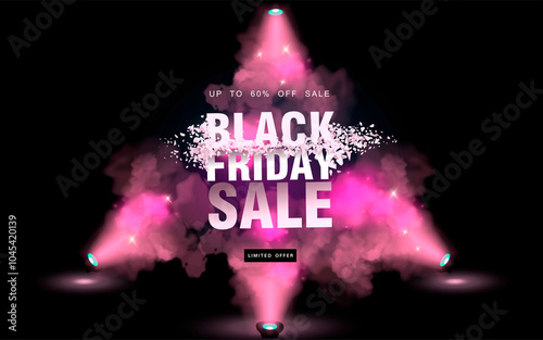Black Friday. Promotional banner with sign and explosive letters Black Friday. Pink puffs smoke with neon lighting on black background and letters Black Friday. Special offer with big discount