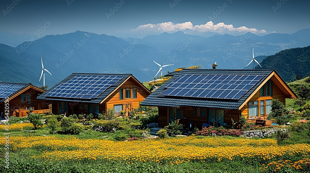 Rooftop solar panels and small wind turbines powering a remote village, connected to a distributed energy grid Rooftop solar panels and small wind turbines powering a remote village, connected to a distributed energy grid