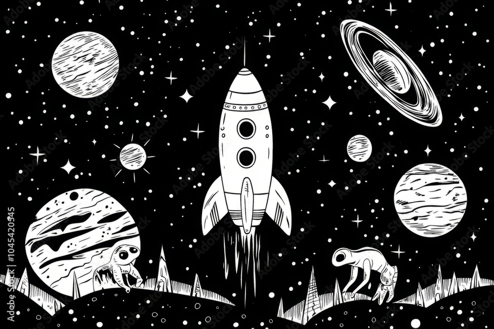 Fototapeta premium Spacecraft launching into space with aliens watching from a planet. Black and white children's coloring page