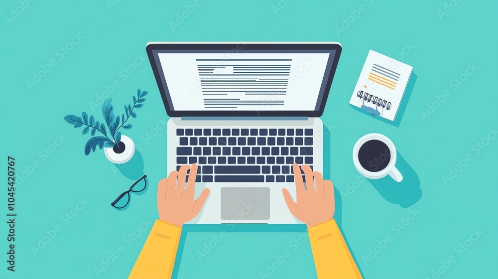 Hands typing on laptop with coffee, notebook, and plant on desk, flat lay composition. Hands typing on laptop with coffee, notebook, and plant on desk, flat lay composition.