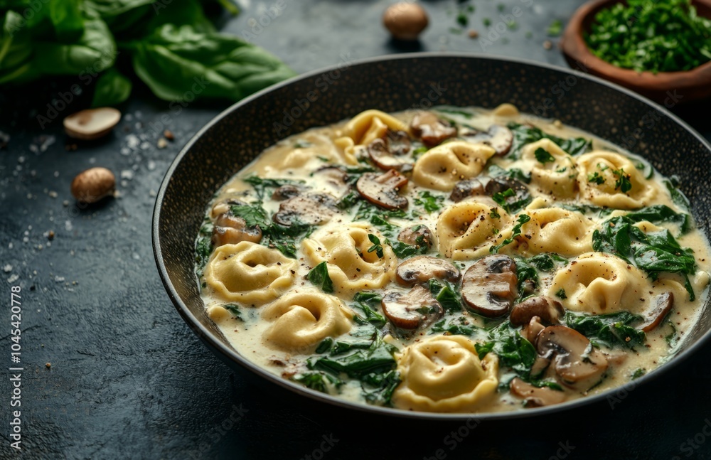 Pan with Tortellini, Mushrooms, Spinach in Cream Sauce on Dark Background
