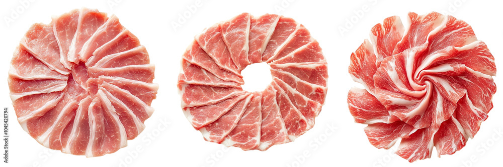 Three intricately arranged slices of pork, showcasing their delicate textures and patterns, placed on a white isolated background for a clean presentation. Three intricately arranged slices of pork, showcasing their delicate textures and patterns, placed on a white isolated background for a clean presentation.