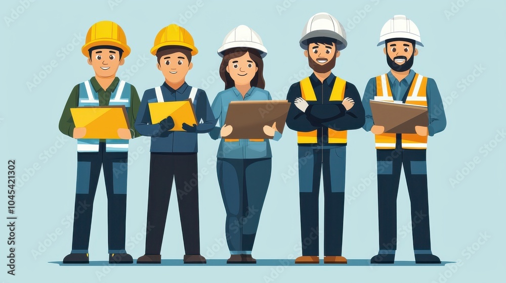 Obraz premium A diverse group of construction workers in safety gear, standing confidently with tools and plans, representing teamwork and professionalism.