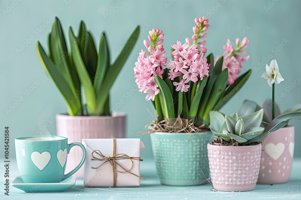 Obraz premium A blue cup of tea, a small gift, and three potted plants with pink flowers are sitting on a light blue wooden table.