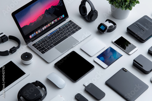 Modern technology devices lying on white desk forming ordered pattern