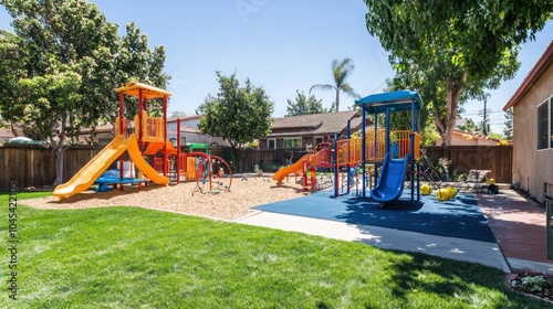 Wallpaper Mural A sunny day at a well-maintained playground with two separate play structures, one featuring a slide and a climbing tower, the other with a slide and a monkey bar set. Torontodigital.ca
