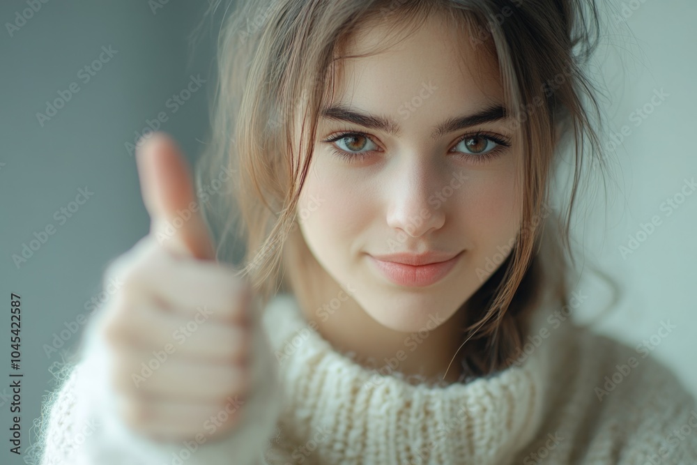 Beautiful young woman showing thumbs up gesture is smiling Beautiful young woman showing thumbs up gesture is smiling