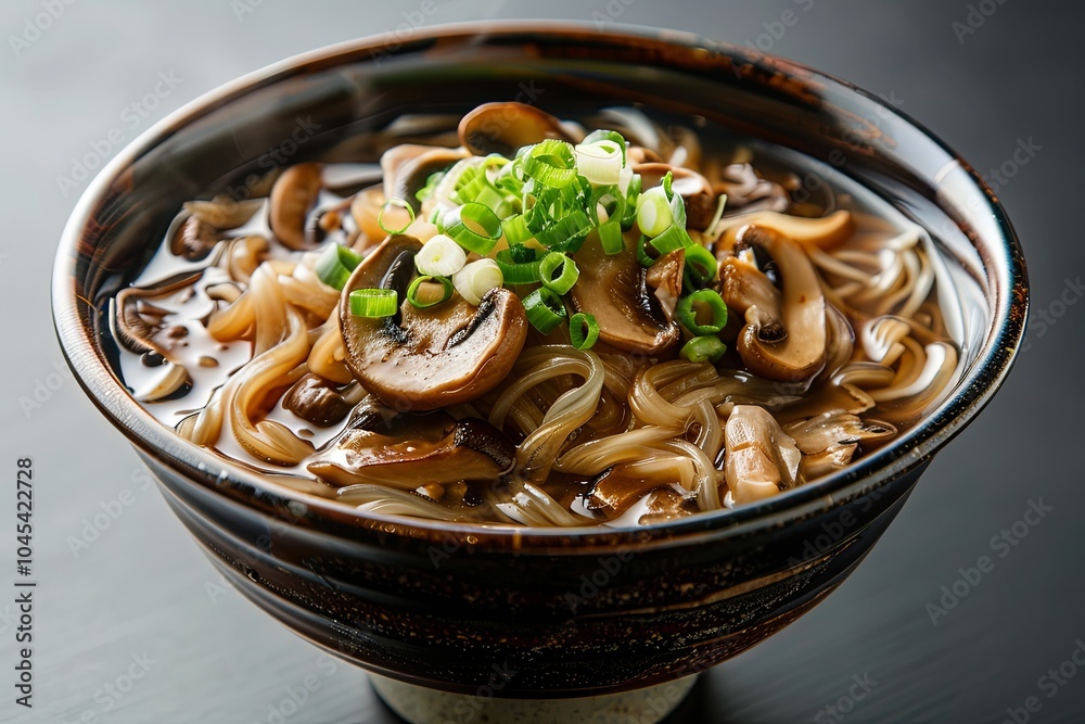 A bowl of mushroom noodle soup with green onions on a black surface. A bowl of mushroom noodle soup with green onions on a black surface.