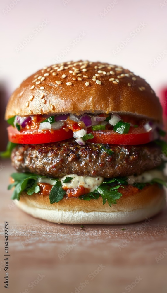 Delicious Homemade Beef Burger with Fresh Vegetables, Sauce, and Sesame Seed Bun on Table, Close Up Delicious Homemade Beef Burger with Fresh Vegetables, Sauce, and Sesame Seed Bun on Table, Close Up