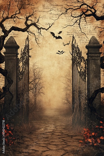 Eerie twilight at the enchanted gates a haunting pathway into the unknown surrounded by dark trees and mysterious creatures