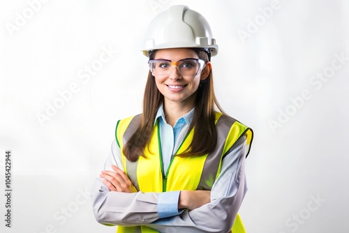 Young female engineer in safety gear on white background